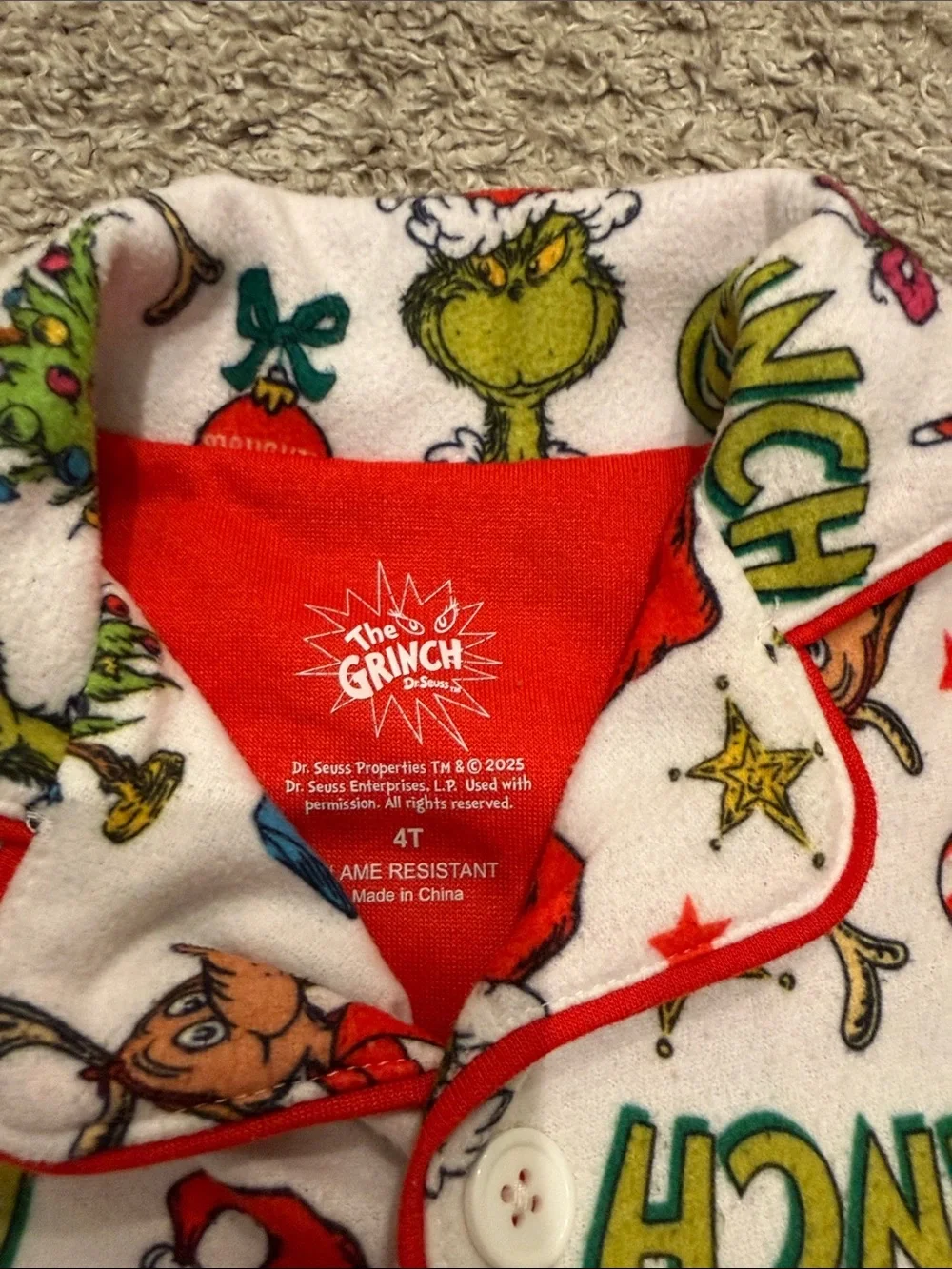 Kids Holiday Pajama Set - White & Red Grinch Print